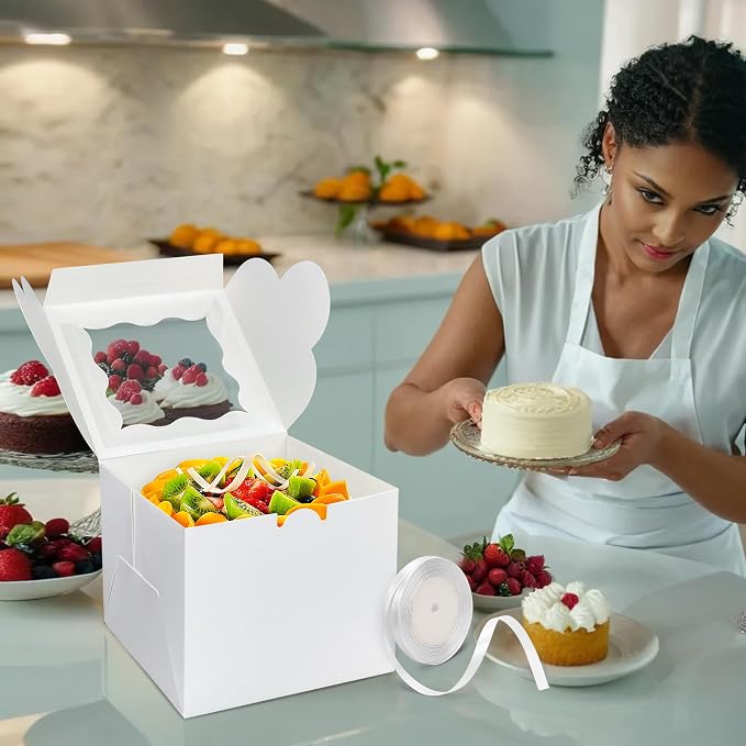 KEEPARTY 25PCS 6x6x5 Inches White Bakery Boxes with Window Bulk Cardboard Pastry Boxes for Cookies Macaroons Pies Gifts and Birthday Party Elegant White Design Pastry Boxes