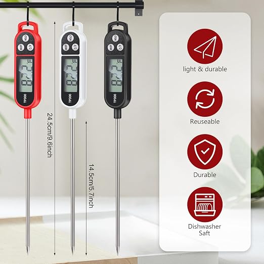 Copkim 6 Pcs Instant Read Meat Thermometer with Long Probe 9.65 Inch Kitchen Cooking Food Candy Waterproof Digital Thermometer for BBQ Water Milk Yogurt Liquid (Round&Square Ring,Black,White,Red)