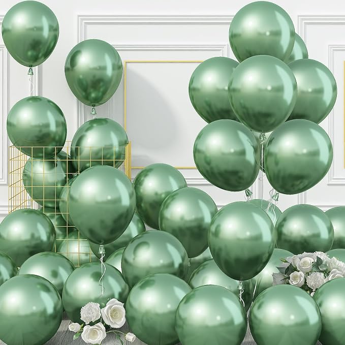 Jobkoo Green Metallic Balloons, 50Pcs 10Inch Chrome Dark Green Balloons Metallic Retro Sage Olive Green Party Balloons Hunter Green Chrome Helium Balloon for Jungle Birthday Graduation Wedding Decor