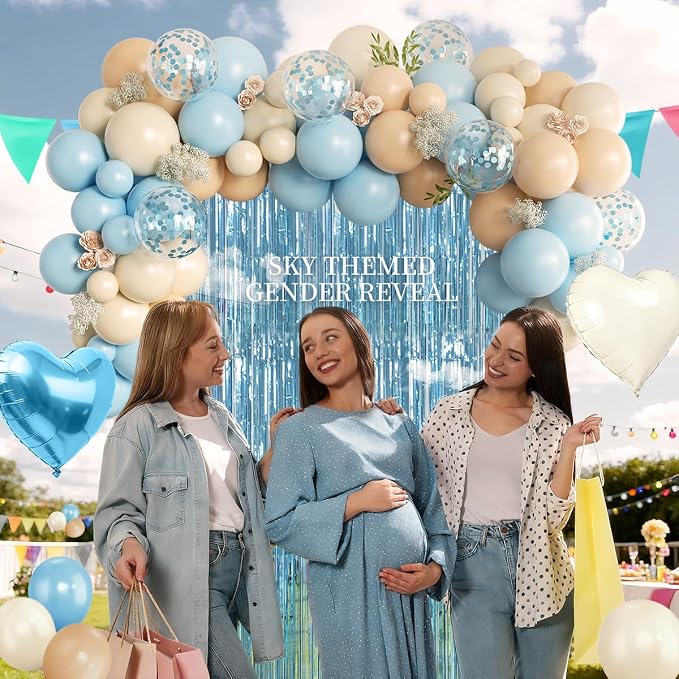 157Pcs Light Blue Cream Sand White Balloons with Pastel Blue Fringe Curtain for Baby Shower Gender Reveal Wedding Teddy Bear Birthday Party Decorations