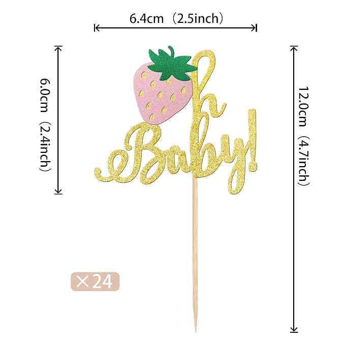 24 PCS Strawberry Oh Baby Cupcake Toppers Glitter Baby Shower Strawberry Cupcake Picks for Fruit Theme Baby Shower Kids Boys Girls Birthday Party Cake Decorations Supplies Gold