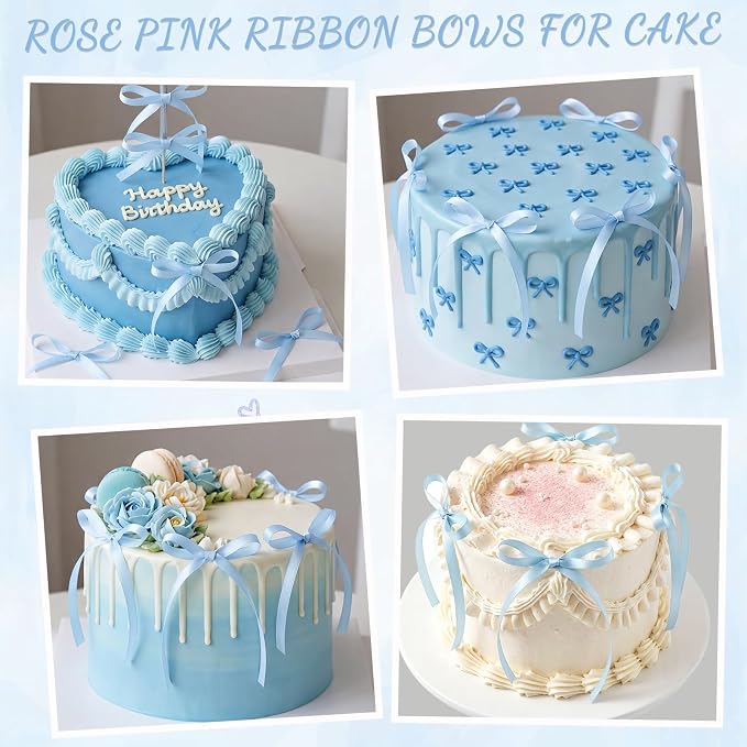 30 Pack Bow Cake Toppers Light Blue Ribbon Bows for Cake Baby Blue Bow Birthday Decorations for Baby Shower, Wedding, Bachelorette, Summer Pool Party Decorations