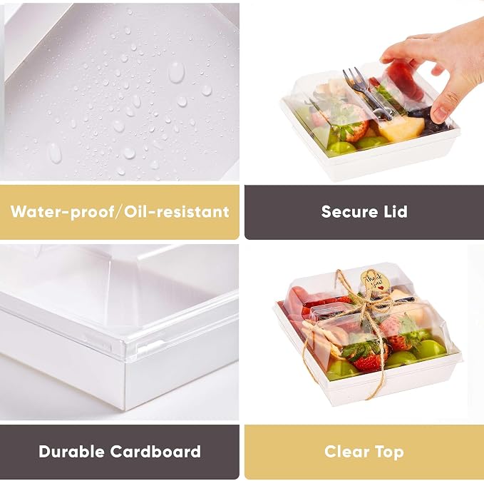 Leafiew 50 Pack Small Charcuterie Boxes with Clear Lids and Forks - To Go Paper Mini Charcuterie Box, Disposable Food Containers, 5Inch Dessert Boxes for Cookie, Cake Slice, Strawberries (White)