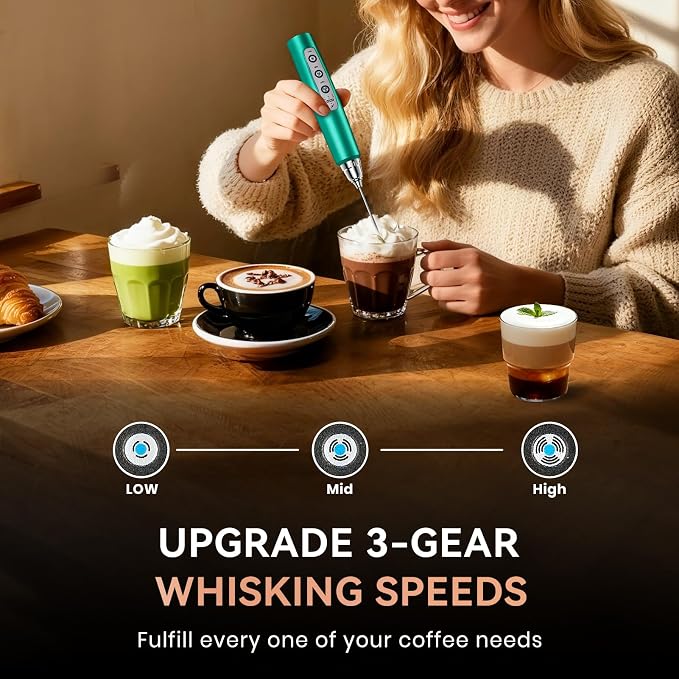 BSRGMS Milk Frother Handheld for Coffee, Electric Whisk 3 Speed Adjustable, Drink Mixer with Stainless 3 Whisks, Rechargeable Hand Frother Wand, Foam Maker for Latte Cappuccino Hot Chocolate Egg Green