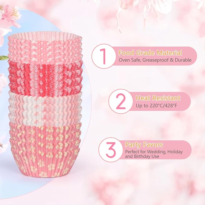 Standard Cupcake Liners 100 Pack, Colorful Paper Baking Cups Food Grade Disposable Cupcake Wrappers Pink Floral Muffin Liners for Birthday Tea Themed Party Decor
