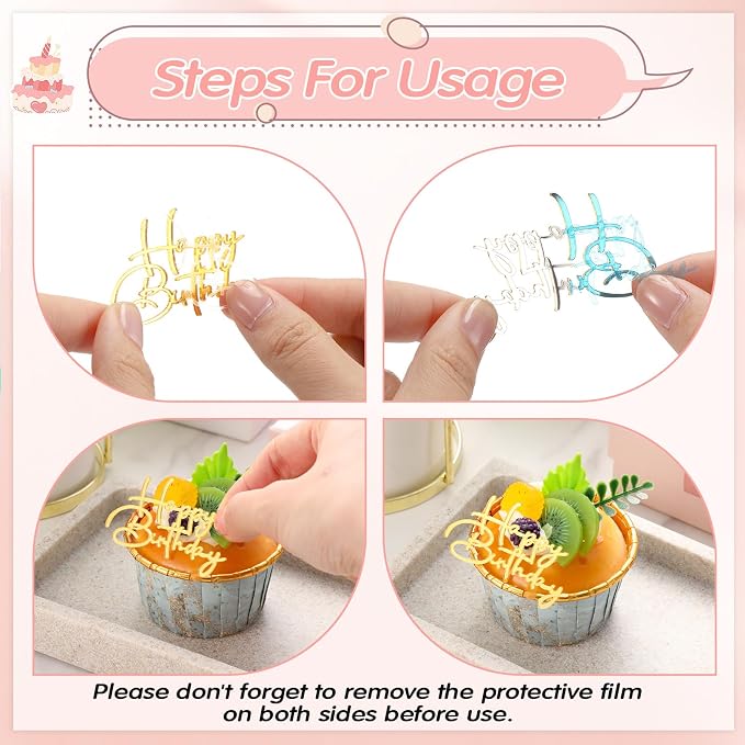 Weysat 30 Pcs Gold Silver Black Mirror Acrylic Cupcake Toppers Happy Birthday Cake Decorations for Birthday Party Cupcake Toppers