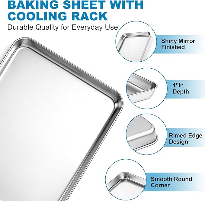 Herogo Baking Sheet with Wire Rack Set(2 Pans + 2 Racks), 16" x 12" x 1" Stainless Steel Jelly Roll Pan with Cooling Rack Set for Baking & Roasting, Non Toxic & Easy Clean