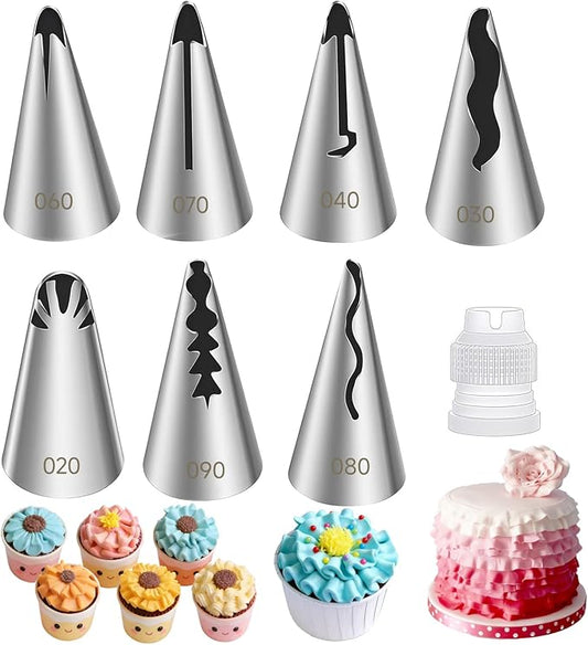 8 Pcs Pleated Skirt Piping Tips Set with Coupler, 304 Stainless Steel Russian Piping Tips, Cake Decorating Supplies for Ruffle Frosting, Cupcakes, Pastries, Fondant and Buttercream (Pleated Skirt)