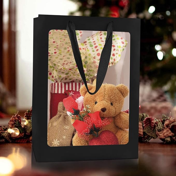 40Pcs Black Paper Gift Bags with Transparent Window, 9.84"x7.0"x5.12" | Kraft Shopping Bags with Handles for Bouquet Christmas Birthdays Festivals Party Weddings Wrapping