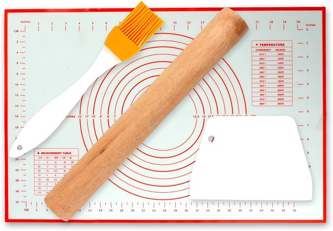Silicone Baking Mat with Measurement, YRYUNRUI Bread Making Tools, Gifts for Bakers Extra Rolling Pin, Dough Scraper and Brush, Non-Stick Kitchen Accessories (16x24inch)