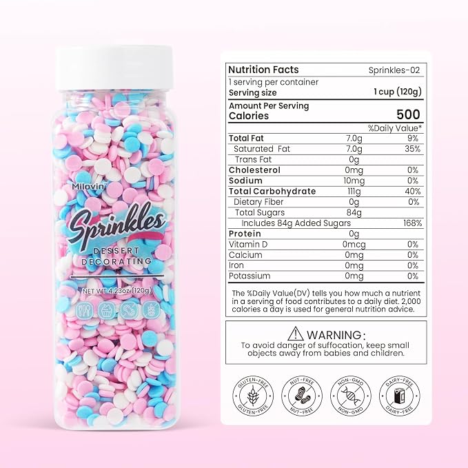Edible Pink Blue White Sprinkle for Cake Decorating, Confetti Sprinkles, Round Sprinkles, Perfect for Baking, Cake, Cupcakes, Macarons, waffles, Ice Cream, and Cookies(120g/4.23oz)