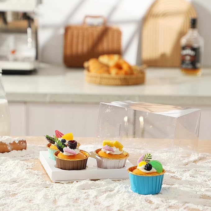 20 Packs Clear Cupcake Boxes 4 Count Cup Cake Holder Containers for Treat Dessert Cookies Muffins plastic Cupcake Carrier with Gift Ribbon Packaging for Party Baking Wedding