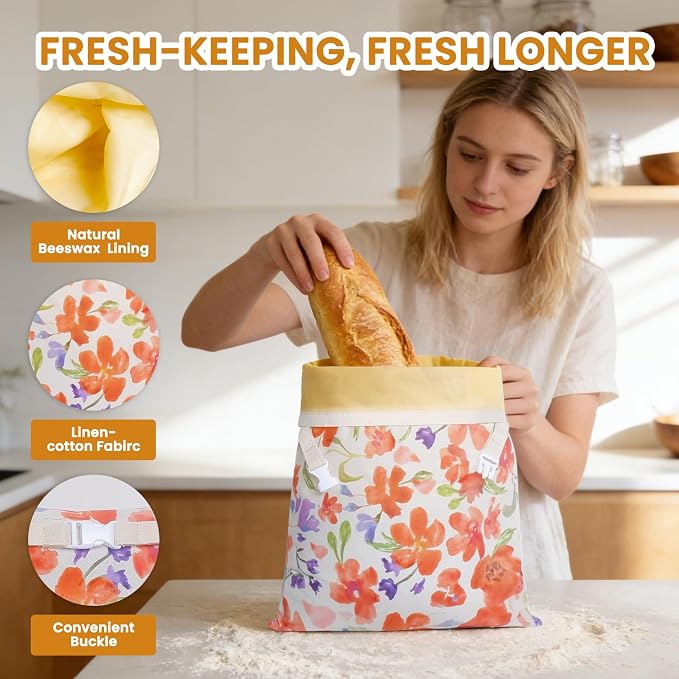 Beeswax Bread Bag for Homemade Bread Sourdough, 2 Pack Reusable Bees Waxed Infused Linen Wrap for Baguette Loaf Bread Freezer, Fresh Food Keeper Storage Container, Homesteading Essentials Flower Bloom