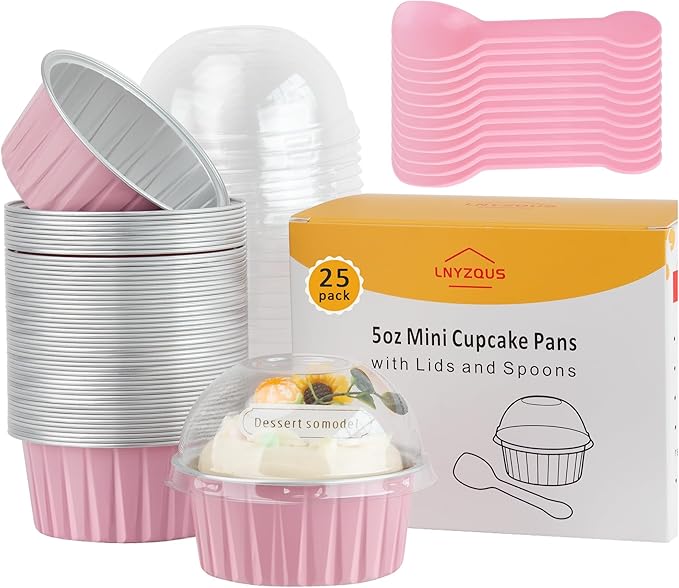 5oz Mini Cake Pans with Lids 25 Pack, Foil Muffin Tin Small Baking Cups, Disposable Cupcake Containers Creme Brulee Ramekins Cupcake Liners for Bake Sales Valentines-Pink