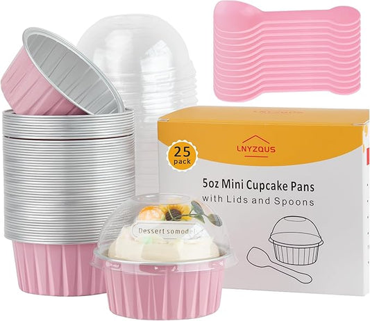 5oz Mini Cake Pans with Lids 25 Pack, Foil Muffin Tin Small Baking Cups, Disposable Cupcake Containers Creme Brulee Ramekins Cupcake Liners for Bake Sales Valentines-Pink