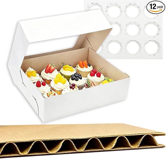 Jotique 12 Count Sturdy Corrugated Cupcake Boxes with Window, 12 Pack 13.25x10.25x4 Inch Bakery Holders for Cookies and Muffins, Disposable Treat containers for Pastry, Baked Goods, Gift Giving