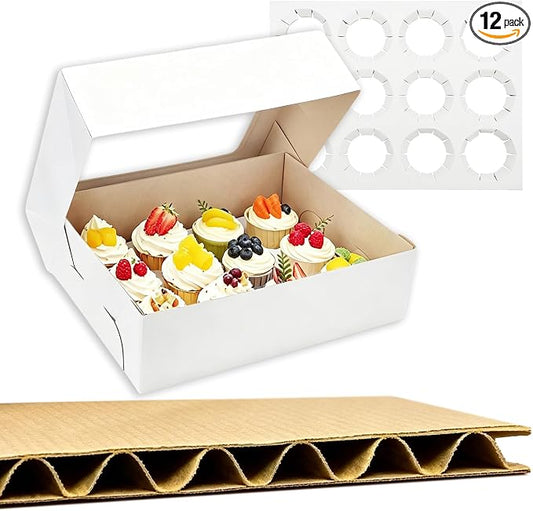 Jotique 12 Count Sturdy Corrugated Cupcake Boxes with Window, 12 Pack 13.25x10.25x4 Inch Bakery Holders for Cookies and Muffins, Disposable Treat containers for Pastry, Baked Goods, Gift Giving