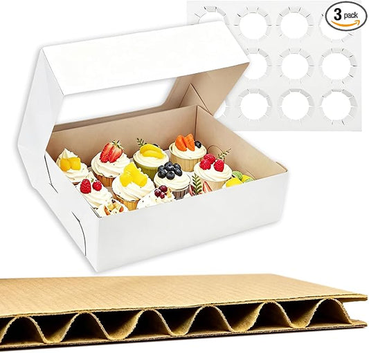 Jotique 12 Count Sturdy Corrugated Cupcake Boxes with Window, 3 Pack 13.25x10.25x4 Inch Bakery Holders for Cookies and Muffins, Disposable Treat containers for Pastry, Baked Goods, Gift Giving