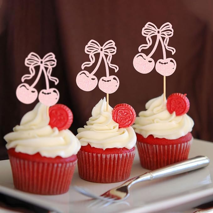 24Pcs Glitter Pink Cherry Fruit Cupcake Toppers Cherries Cupcake Picks for Fruit Theme Baby Shower She Is Cherry On Top Funny Birthday Cupcake Decorations Cherries Party Supplies