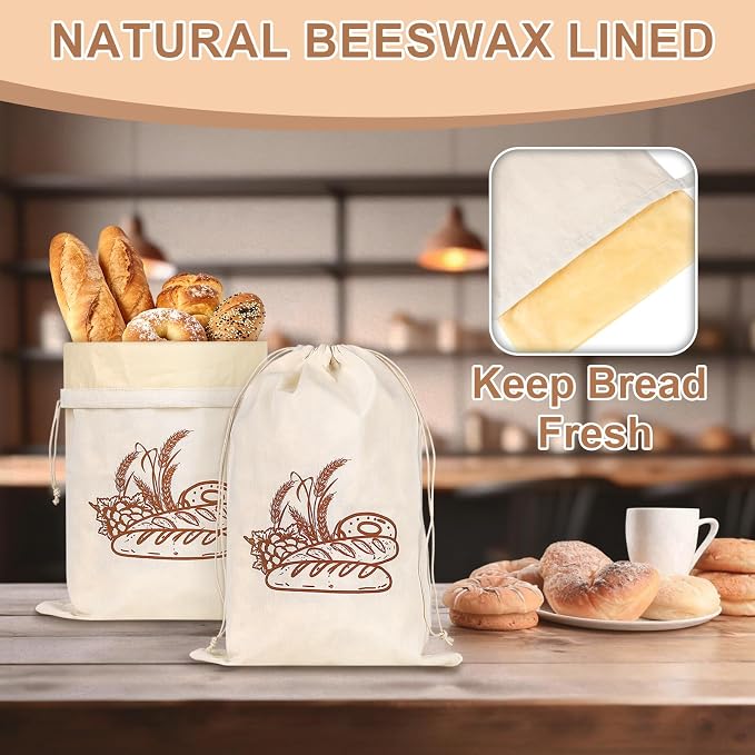 2pack Drawstring Beeswax Bread Bag Reusable Sourdough Bread Bags Linen Bread Bags for Homemade Bread Large Fresh Keeping Loaf Baguette Storage Bags 17 x 12 in