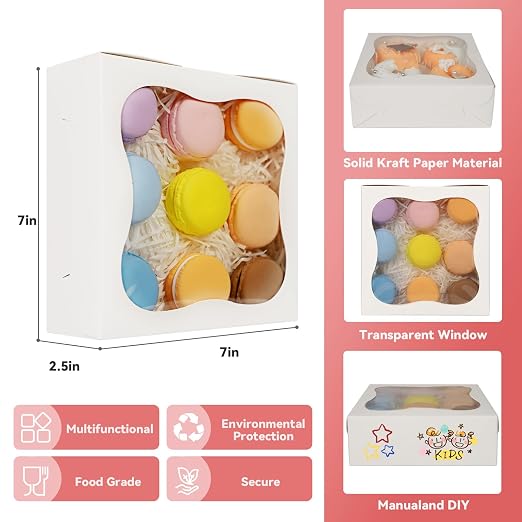 30PCS Cupcake Boxes, 7x7x2.5Inch Gift & Cake Boxes with Window, Bakery & Cookie Boxes, Macaron & Mini Bundt Cake Containers, Food Packaging Treat Boxes
