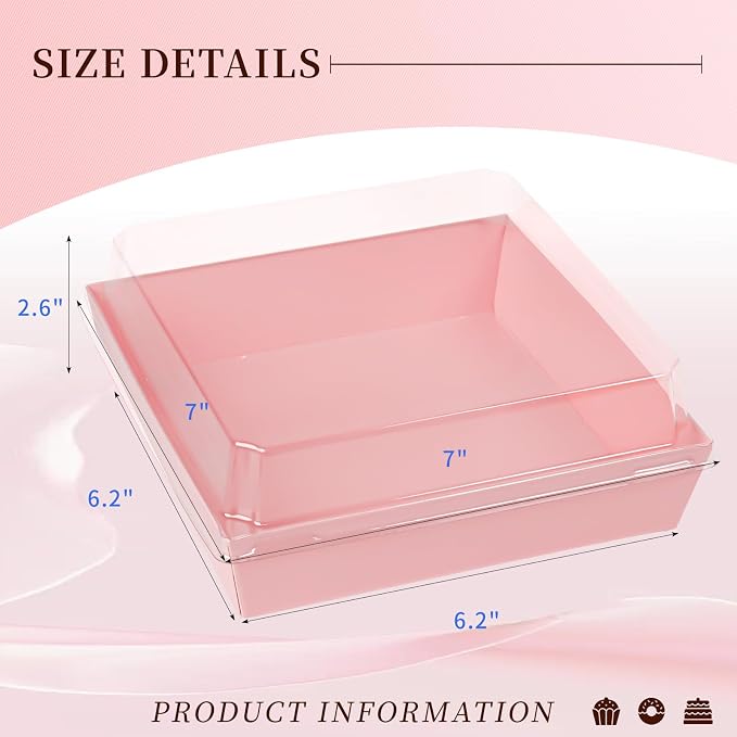 7 x 7 x 2.6 Inches Large Charcuterie Boxes with Clear Lids, 50 Pack Disposable Square Pink Bakery Boxes, To Go Paper Food Container for Cake Slices, Sandwiches, Cookies, Dessert
