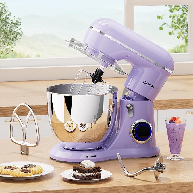 CEBORY 3-IN-1 Electric Stand Mixer, 6.5QT Bowl 660W 10-Speed Kitchen Mixer, Household Food Mixers include Dough Hook, Beater and Whisk, Bread Cake Mixer for Baking and Most Home Cooks, Purple