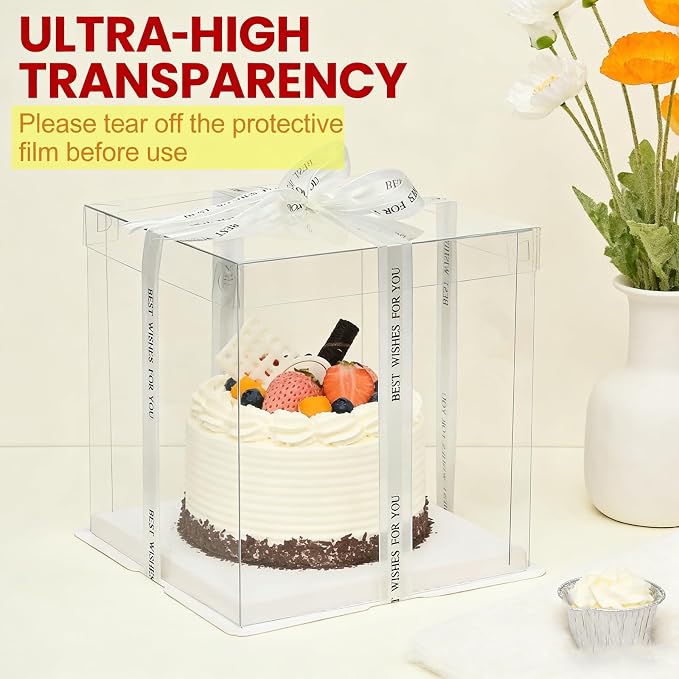6 Pack Clear Cake Box, 2-Layer Transparent Cakes Box with Ribbon, 10" X 10" X 9" Tall Cake Carrier Boxes with Sturdy Board for Bakery Dessert Bread Pastry Birthday Parties, Wedding Graduation