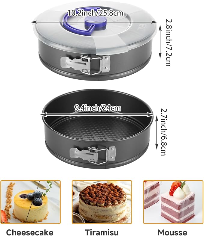 Acrux7 2 Pack 9 Inch Springform Cheesecake Pans with Removable Bottom, Latch and Lids, Round Nonstick Carbon Steel Cheese Cake Pan, Easy Release Spring Form Pan Bakeware for Baking, Oven Safe