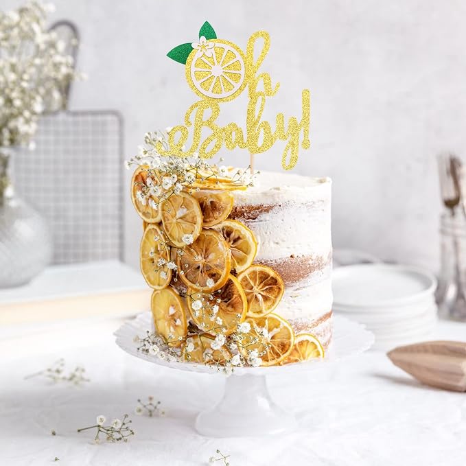 1 PCS Lemon Oh Baby Cake Topper Assembled Glitter Fruit Theme Oh Baby Lemonade Party Cake Pick for Lemon Theme Baby Shower Kids Boys Girls Birthday Party Cake Decorations Supplies Gold
