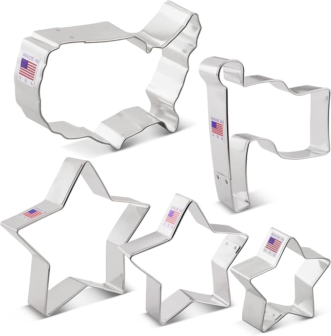 Ann Clark Cookie Cutters 4th of July Memorial Day Patriotic Cookie Cutters 5-Pc. Made in USA, Stars, Flag, America Map