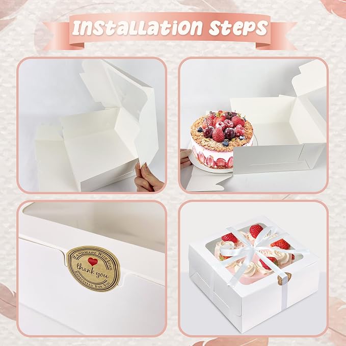 KEEPARTY 28PCS 8x8x4 Inches White Bakery Boxes with Window Bulk Cardboard Pastry and White Cake Round Boards ribbon and stickers for Cookies Pies Gifts and Birthday Party Elegant Pastry Boxes