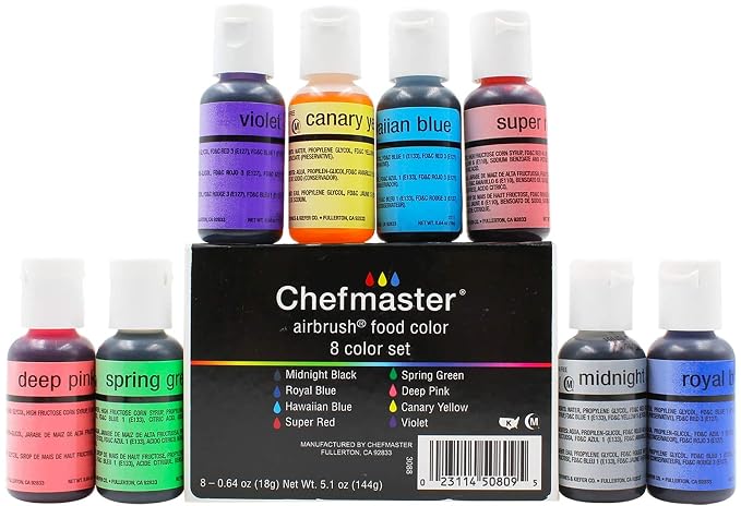 Chefmaster - Airbrush Kit - Airbrush Food Coloring - 8 Pack - True To Shade Vibrant Colors - Works With Any Airbrush Tool, Achieves Amazing Effects and Designs - Fade-Resistant Color - Made in the USA
