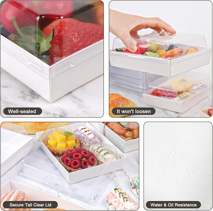 7x5 Inches Charcuterie Boxes with Clear Lids, 50 Pack Disposable Take Out Food Containers, Large Paper Bakery Cake Boxes for Strawberries, Cookies Cupcakes (White)