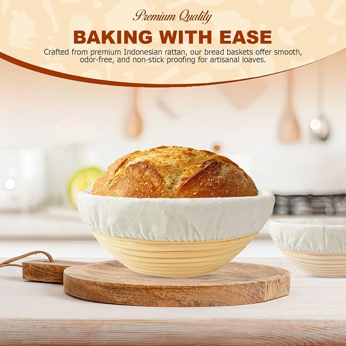 Banneton Bread Proofing Basket, 2 Pack 9-Inch Round Sourdough Proofing Baskets With Linen Liner for Bread Baking, Round Rattan Dough Rising Bowl for Homemade Artisan Loaves