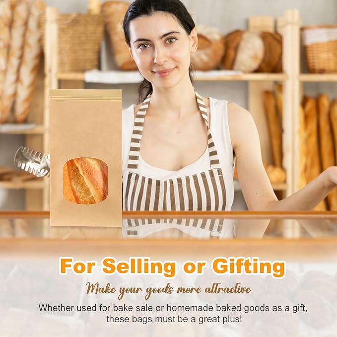 Ocmoiy Medium Bakery Cookie Bags with Window, 4.5x2.36x9.6 Inches, 100 Pcs | Tin Tie Tab Lock, Kraft Paper Bags, With Thank You Stickers, For Cookie, Coffee, Bread