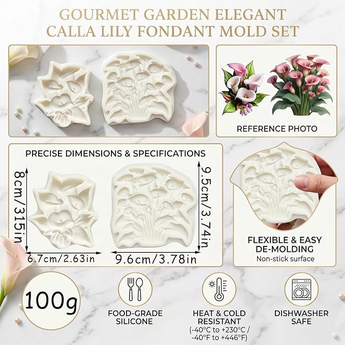 2Pcs Calla Lily Silicone Mold Set Flower Floral Bouquet Cake Decorating Fondant Molds for Wedding Cupcake Toppers Baking Chocolate Candy Dessert Botanical Resin Supplies Soap Polymer Clay