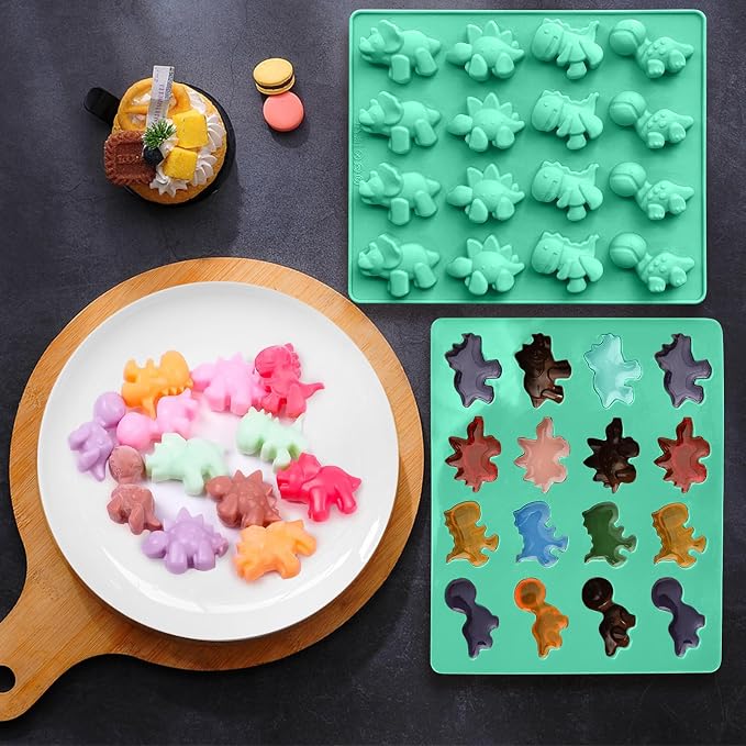 Zorazio Large Dinosaur Gummy Molds Dinosaur Candy Molds Silicone 16-Cavity for Candy Chocolate Jelly Ice Cube (4-Pack+2 Droppers)