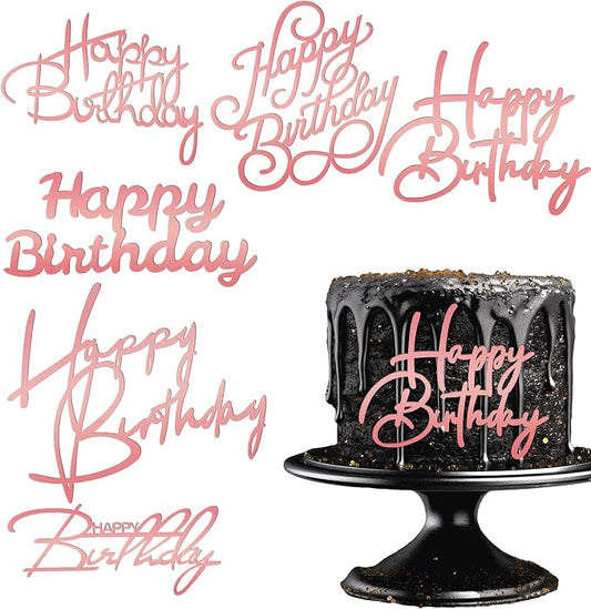 6 PCS Happy Birthday Side Cake Toppers Pink Mirror Side Cake Toppers DIY Acrylic Glitter Cake Inserts Celebration Birthday Party Event Cupcake Decorations (Rose Gold)
