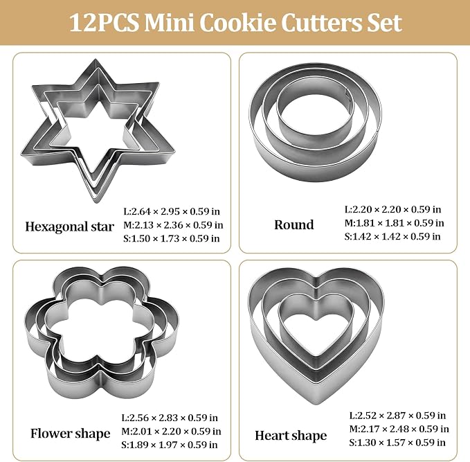 12Pcs Mini Cookie Cutters Set,Small Stainless Steel Cookie Cutters,Four Shapes & Three Sizes for Tiny Polymer Clay,Baking, Cooking, DIY Arts