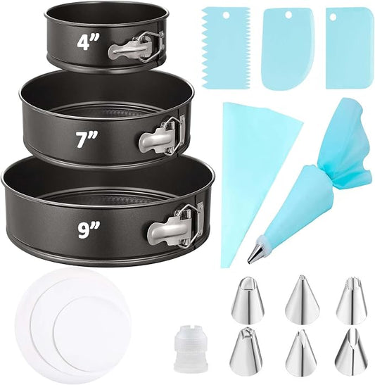 Springform Cake Pan Set with Cake Decorating Kit, Non-stick Leakproof Round Cake Pans of 4, 7, 9 Inches, 12 Pcs Parchment, 3 Cake Scrapers, Resuable Piping Bag, Coupler and Tips