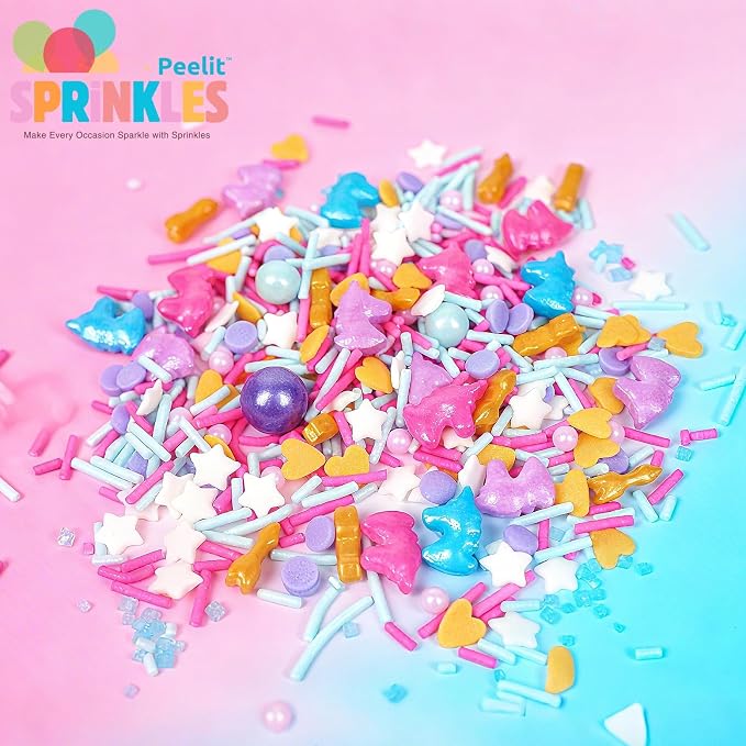 Peelit Rainbow Unicorn Sprinkles Mix, 4oz | Edible Glitter & Pearls, For Cupcakes, Birthday Cakes & Ice Cream, Funfetti Candy Topper, Halal & Gluten-Free, Resealable Bag