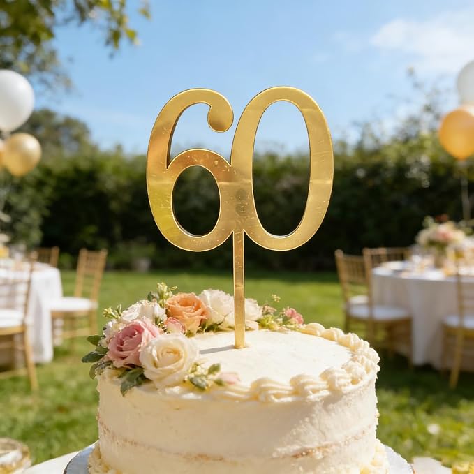 Gold Acrylic Sixty Cake Topper, Number 60 Cake Decoration, Happy 60th Birthday Cake Decor 60 Years Old Cake Pick Decoration For 60th Anniversary Celebrating Party Supplies