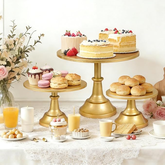 3 Piece Gold Cake Stand Set Metal Round Cake Holder 8/10/12 inch Dessert Table Display Cupcake Stands for Birthday, Baby Shower, Wedding, Banquets, Parties and Ceremonies