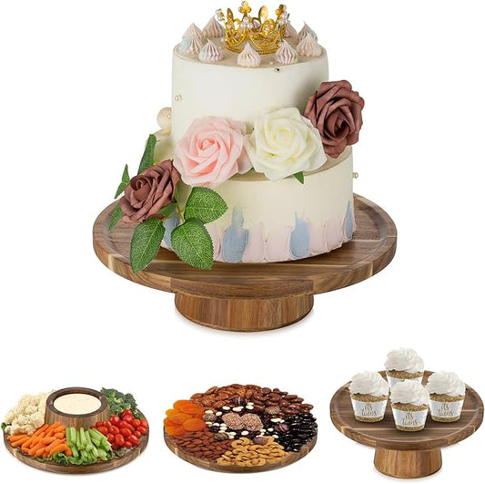 NUPTIO Wooden Wedding Cake Stand: 11.5 Inch Acacia Wood Cake Display Holder 4 in 1 Cup Cake Stands Serving Tray Fruit Dish Sauce Bowl for Anniversary Party Home Kitchen Centerpiece Decor - 10" Cake