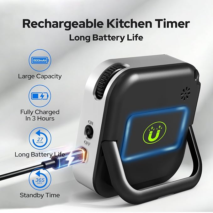 Visual Timer for Kids with Color Display Kitchen Timer 1500mAh Battery | Memory Function Scroll Wheel Control, Magnetic Back with Stand, Up to 12h59m Countdown, Kitchen, Study & Classroom