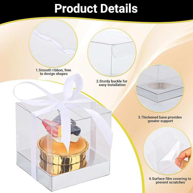 EUSOAR Cupcake Boxes, 50 Packs 3.5 Inch Dessert Pastry Individual Cupcake Containers with Inserts and Ribbon, Clear Muffins Gift Holder Disposable Cake Carrier for Wedding Party Favor Bakery-Silver