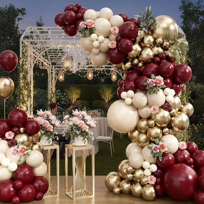 Burgundy Balloon Arch Garland Kit 163pcs, Burgundy Maroon Sand White Metallic Gold Latex Balloons Arch Kit for Birthday Graduation Maroon Wedding Valentines Day Anniversary Party Decorations