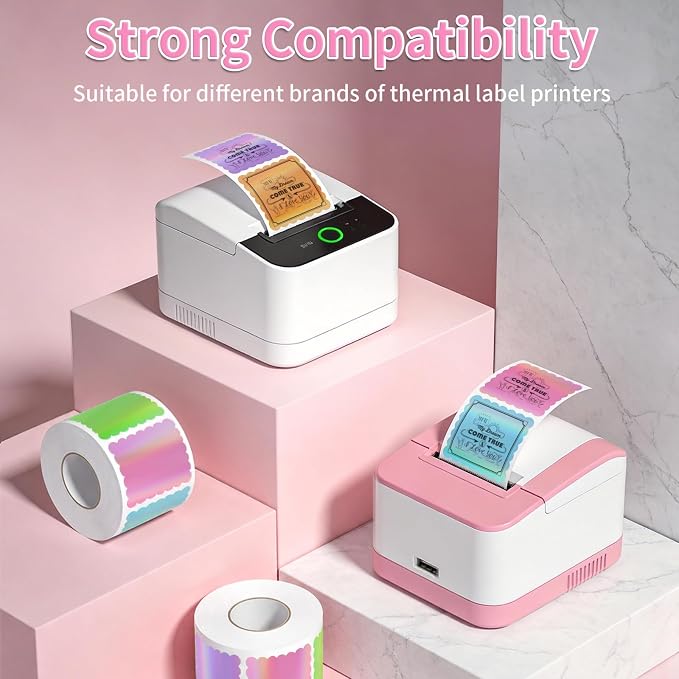 2"x2" Holographic Thermal Labels, 300 Pcs Scalloped Square Sticker Paper for Small Business, Custom Logo, Thank You, Glitter Rainbow Effect, Waterproof (5 Assorted Colors, Not Pre-Printed)