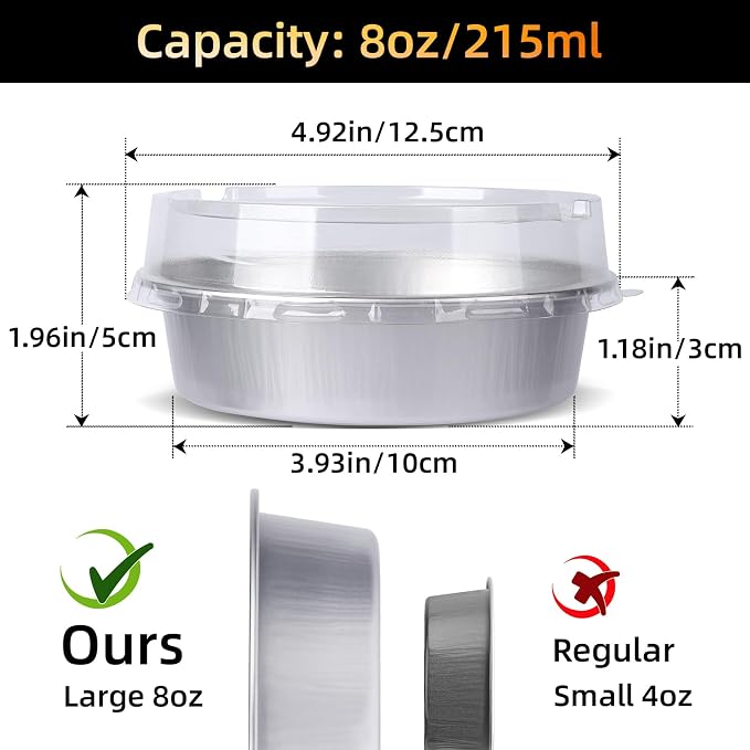 Beasea Mini Ramekins with Lids, 50 Pack 4 Inch 8oz Disposable Aluminum Foil Cake Baking Tins Pans Creme Brulee Tart Pie Tins Silver Small Individual Round Containers Oven Safe for Baking